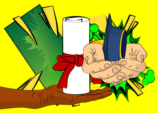 Cartoon, comic book human hands holding Graduation Cap and Rolled Up Diploma. Retro vector comics pop art design.