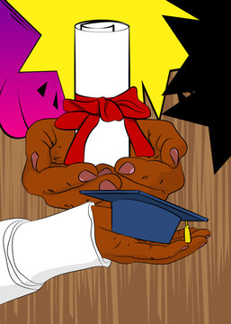 Cartoon, comic book human hands holding Graduation Cap and Rolled Up Diploma. Retro vector comics pop art design.