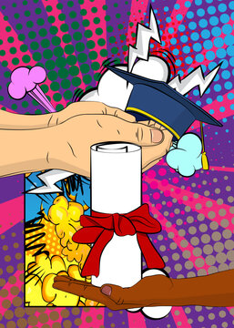 Cartoon, comic book human hands holding Graduation Cap and Rolled Up Diploma. Retro vector comics pop art design.