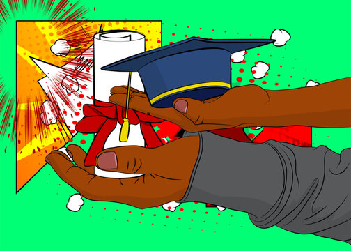 Cartoon, comic book human hands holding Graduation Cap and Rolled Up Diploma. Retro vector comics pop art design.