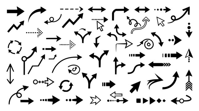 Directional arrows and symbols set with flat icons featuring left, right, up, down, and diagonal arrows with geometric shapes and minimal style