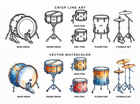 A complete vector icon set representing a professional drum kit. Includes bass drum snare toms and cymbals in both crisp line art for music schools or band brandin, vector watercolor style 