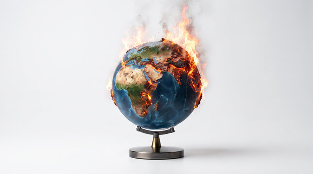 Planet earth globe on fire symbolizing global warming and climate change concept