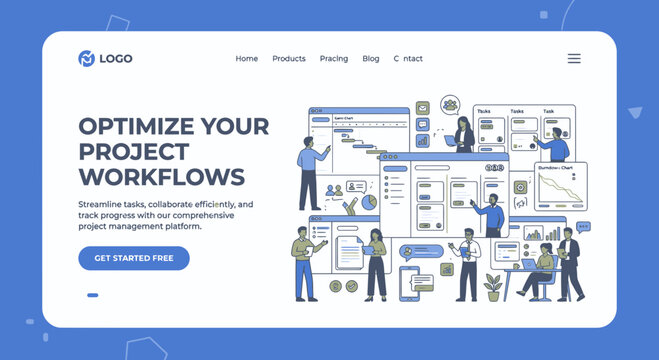 Project management software landing page with business team illustration.
