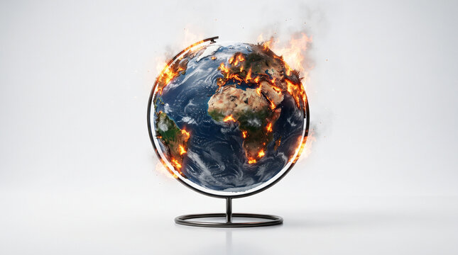 Planet earth globe on fire symbolizing global warming and climate change concept