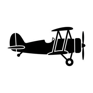 Vintage Biplane Side View Icon - Black Solid Classic Propeller Airplane Vector Isolated