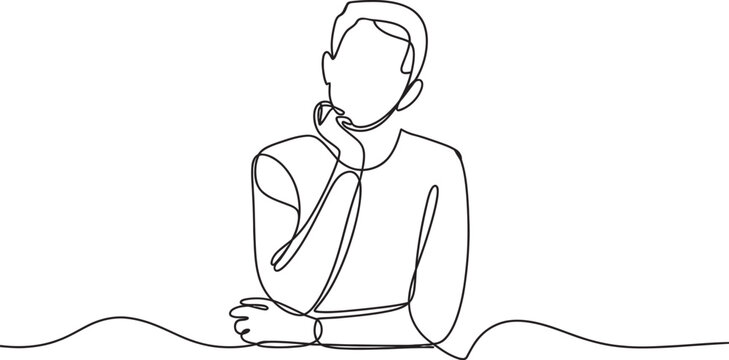 Continuous single line drawing of a man thinking with his hand on his chin