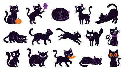 Obraz premium Black cats 14 piece set vector collection, spooky Halloween mascot icons, cute kitted characters with pumpkins and ghosts, flat design isolated on White Background Halloween