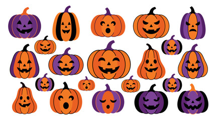 Naklejka premium Set of purple and orange Halloween pumpkins. Cartoon carved jack o lantern faces. Vector illustration for holiday decoration and autumn design isolated on White Background Halloween