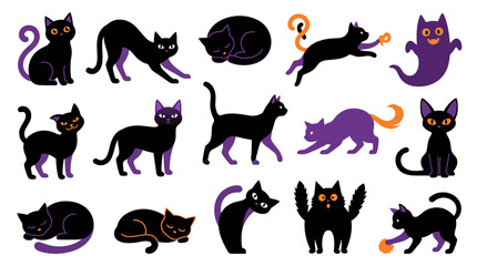 Obraz premium Halloween black cat icons vector set, spooky feline character collection, modern flat design for festive greeting cards, purple and orange wild pet illustrations isolated on White Background