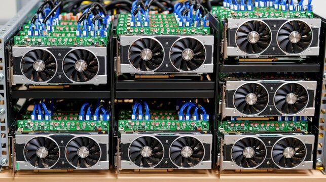 Multiple computer graphics cards arranged in a rack for intensive processing.