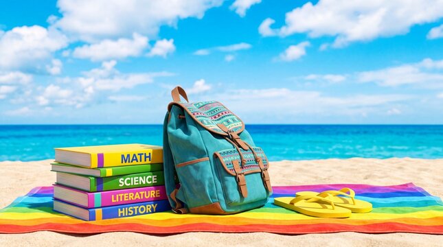 A Vibrant Beach Scene Featuring Colorful Textbooks and a Backpack on a Striped Towel, Accompanied by Flip Flops Against a Backdrop of a Bright Blue Ocean and Sky,  back to school in Australia concept