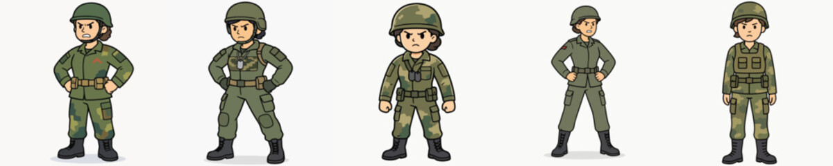 Fototapeta premium Set of female soldier vectors with angry expressions
