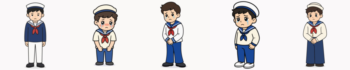 Fototapeta premium Set of vector illustrations of a male sailor looking sad.