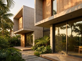 Fototapeta premium Modern architecture luxury villa with concrete and wood exterior featuring tropical gardens and palm trees at golden hour