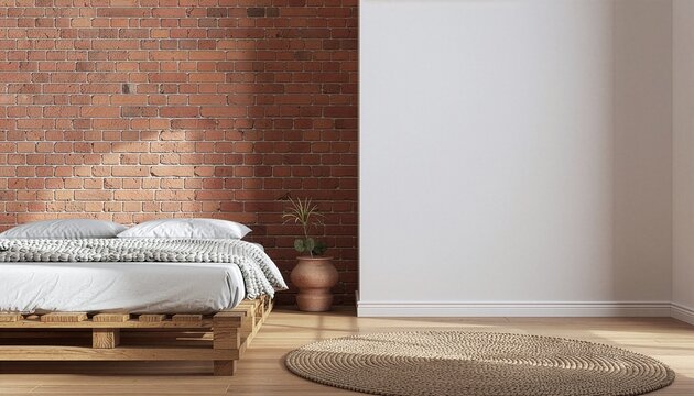 A minimalist bedroom featuring a bed made of wooden pallets against a rustic brick wall and a plain white wall, with a braided rug on the wooden floor.