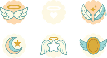 Fototapeta premium Angel wings, halo and celestial icons for spiritual branding, religious graphic design and heavenly stickers. Divine symbols, star and crescent moon for greeting cards, baby showers and kids art.
