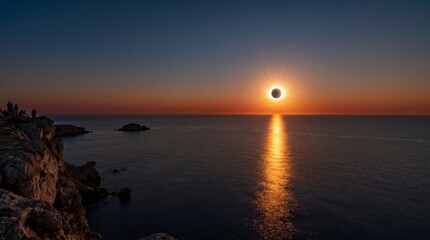 Obraz premium Captivating total solar eclipse over the ocean, with its radiant corona reflecting on the water, observed by people from a coastal cliff at twilight