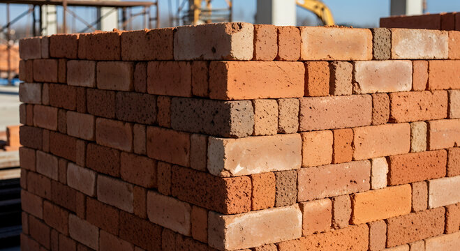 Textured Red Brick Wall and Stacked Masonry Blocks in Vintage Construction Background