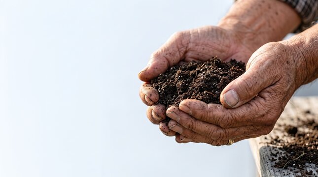Close up of senior farmer hands cupping dark rich soil outdoors