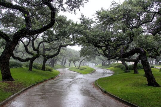 Rain-soaked path winds through a grove of mature trees