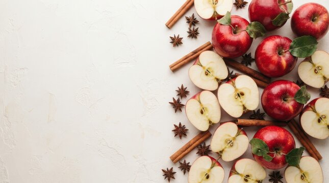 Fresh red apples, cinnamon sticks, and star anise on white background