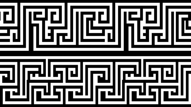 A seamless black and white geometric Greek key pattern border design on a solid dark background.