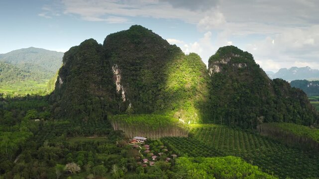 Lush green rainforest and limestone karst mountains in KHAO SOK National Park, Thailand. Small resort nestled among rubber and palm tree plantations under a partly cloudy sky. Aerial view drone flight