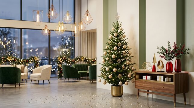 Modern hotel lobby interior decorated with a tall christmas tree and festive holiday lights during the evening