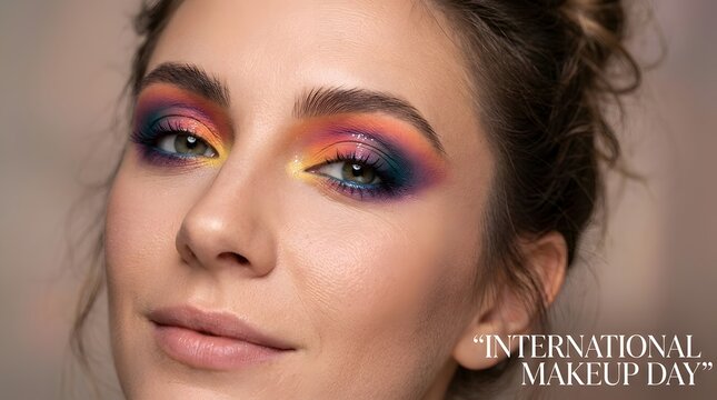 Close up portrait of woman with colorful glitter eyeshadow and makeup