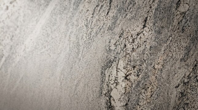 A high-resolution, detailed close-up photograph of a polished granite stone slab surface. The stone exhibits a complex and natural speckled texture, primarily composed of interlocking grey, white, and
