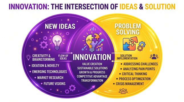Innovation Venn diagram showing intersection of new ideas and problem solving. Business infographic for creativity and solution implementation.