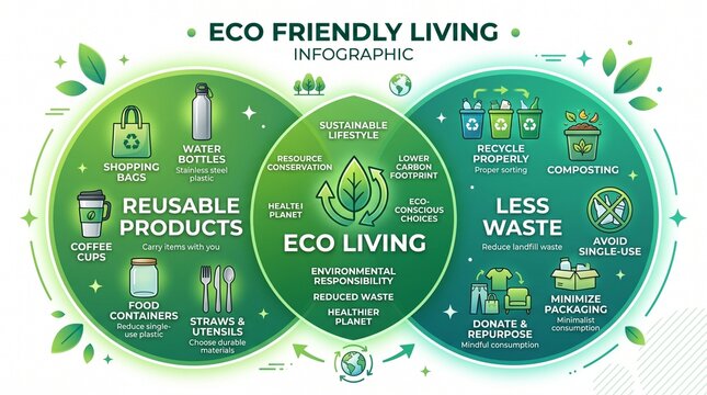 Eco friendly living infographic, sustainable lifestyle and zero waste concept, green environmental responsibility diagram for education