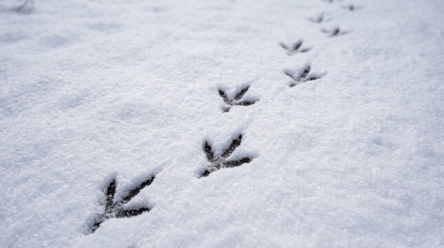 Bird footprints in fresh white snow forming a trail