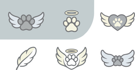 Obraz premium Pet memorial icons, dog paw print with angel wings and halo for sympathy card design. Bereavement, loss of cat and veterinary grief support. Animal funeral, remembrance and pet afterlife graphics.