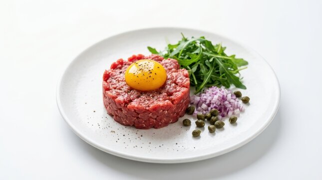 Steak tartare with raw egg yolk, capers, red onion, and arugula served on a white plate isolated on white background