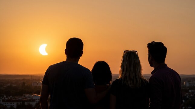 Silhouetted group of friends watching rare partial solar eclipse during golden hour sunset