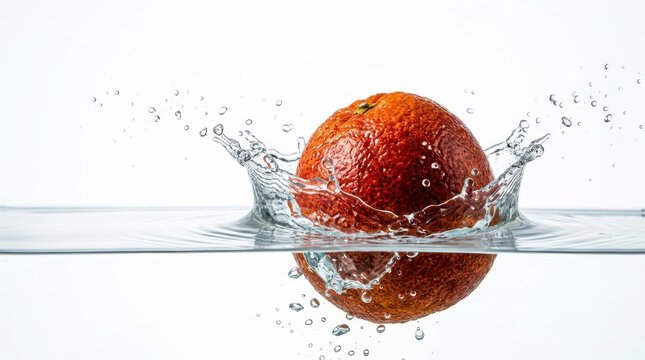 Fresh orange fruit splashing into clear water