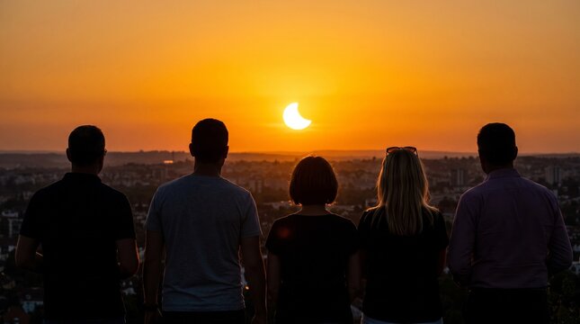 Silhouetted Group of People Watching a Partial Solar Eclipse at Sunset Over the City Horizon