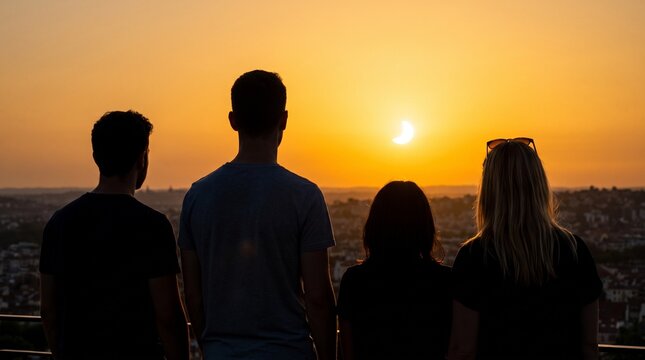 Silhouettes of four people watching a vibrant solar eclipse over a cityscape at sunset