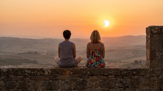 Two women sitting together on a stone wall and watching a solar eclipse over a landscape at sunset