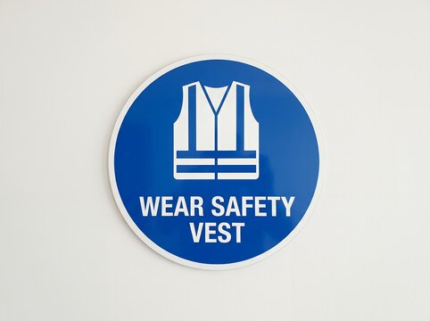 Blue circular mandatory safety sign requiring high visibility vest on white wall