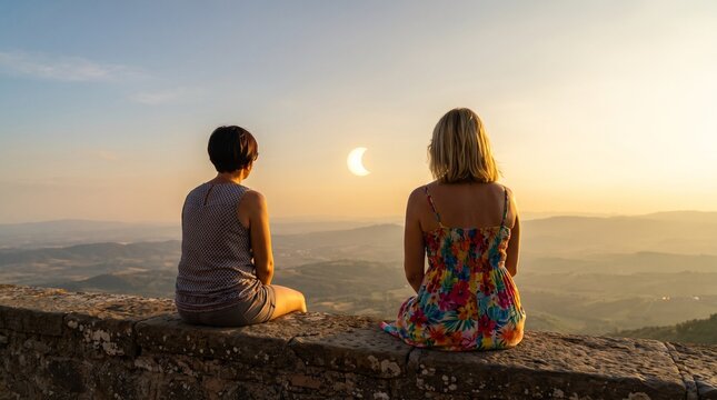 Two women sitting on a stone wall watching a partial solar eclipse during a warm golden sunset over a vast scenic landscape