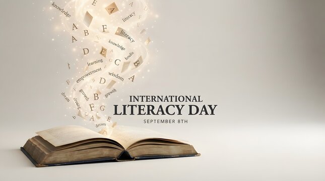 Open book with magic glowing letters rising from pages for international