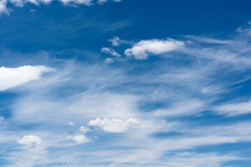 Obraz premium the sky is clear blue with fluffy white clouds, the sky is very bright, and the sun shines.