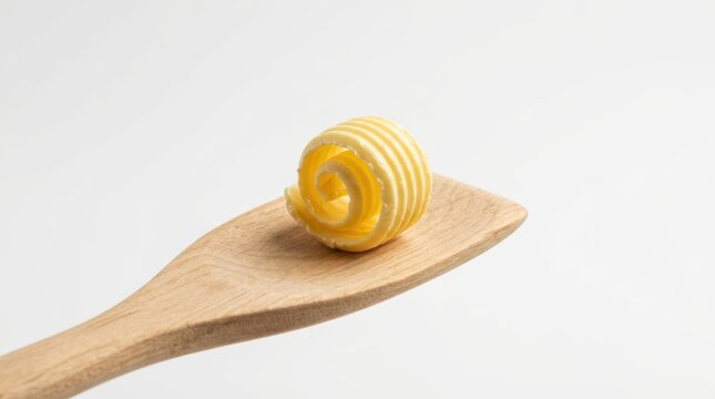 A butter curl on a wooden spoon isolated on white background
