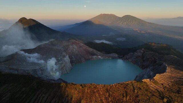 Aerial view of the landscape of mountains and volcano crater lake of Kawah Ijen volcano, East Java of Indonesia.