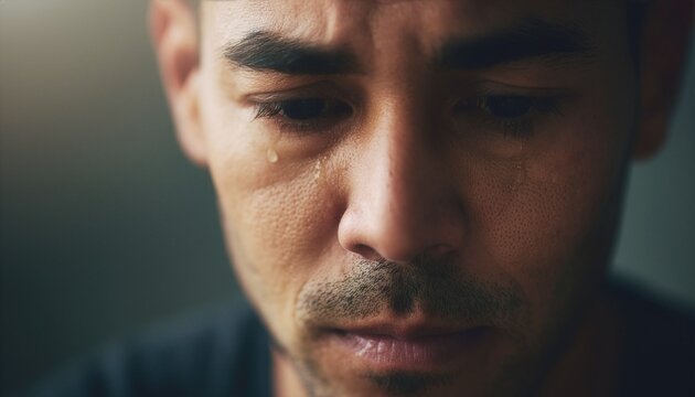 Extreme close-up portrait of a man looking emotionally distressed.