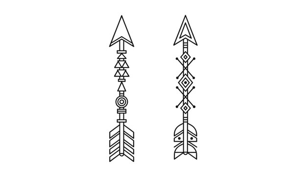 Two tribal native american arrows with geometric patterns and feathers in line art style vector illustration.