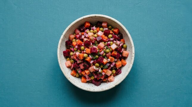 Bowl of russian vinaigrette salad with beets, carrots, potatoes, and peas